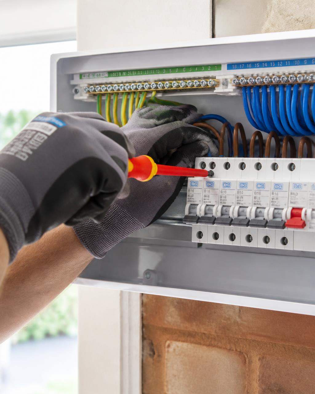 Electrician's hands wiring a modern consumer unit fuse board